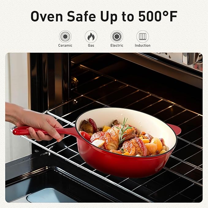 DishDelight 7-Piece Enameled Cast Iron Cookware Set - Non-Stick Dutch Ovens, Saucepan & Skillet with Lids (Vibrant Red)