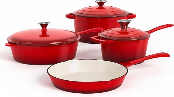 DishDelight 7-Piece Enameled Cast Iron Cookware Set - Non-Stick Dutch Ovens, Saucepan & Skillet with Lids (Vibrant Red)