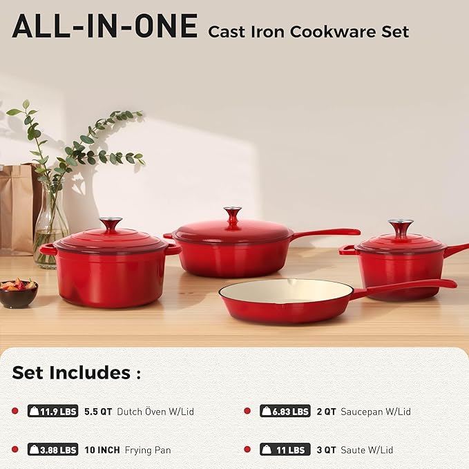DishDelight 7-Piece Enameled Cast Iron Cookware Set - Non-Stick Dutch Ovens, Saucepan & Skillet with Lids (Vibrant Red)