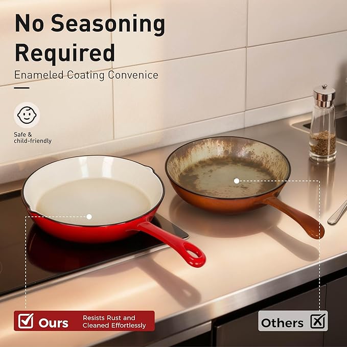 DishDelight 7-Piece Enameled Cast Iron Cookware Set - Non-Stick Dutch Ovens, Saucepan & Skillet with Lids (Vibrant Red)
