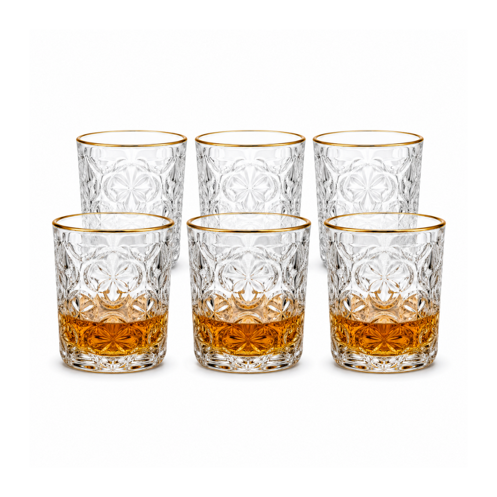 340ml Gold Rim Crystal Whiskey Glass Set of 6 – Premium Embossed Drinking Glasses