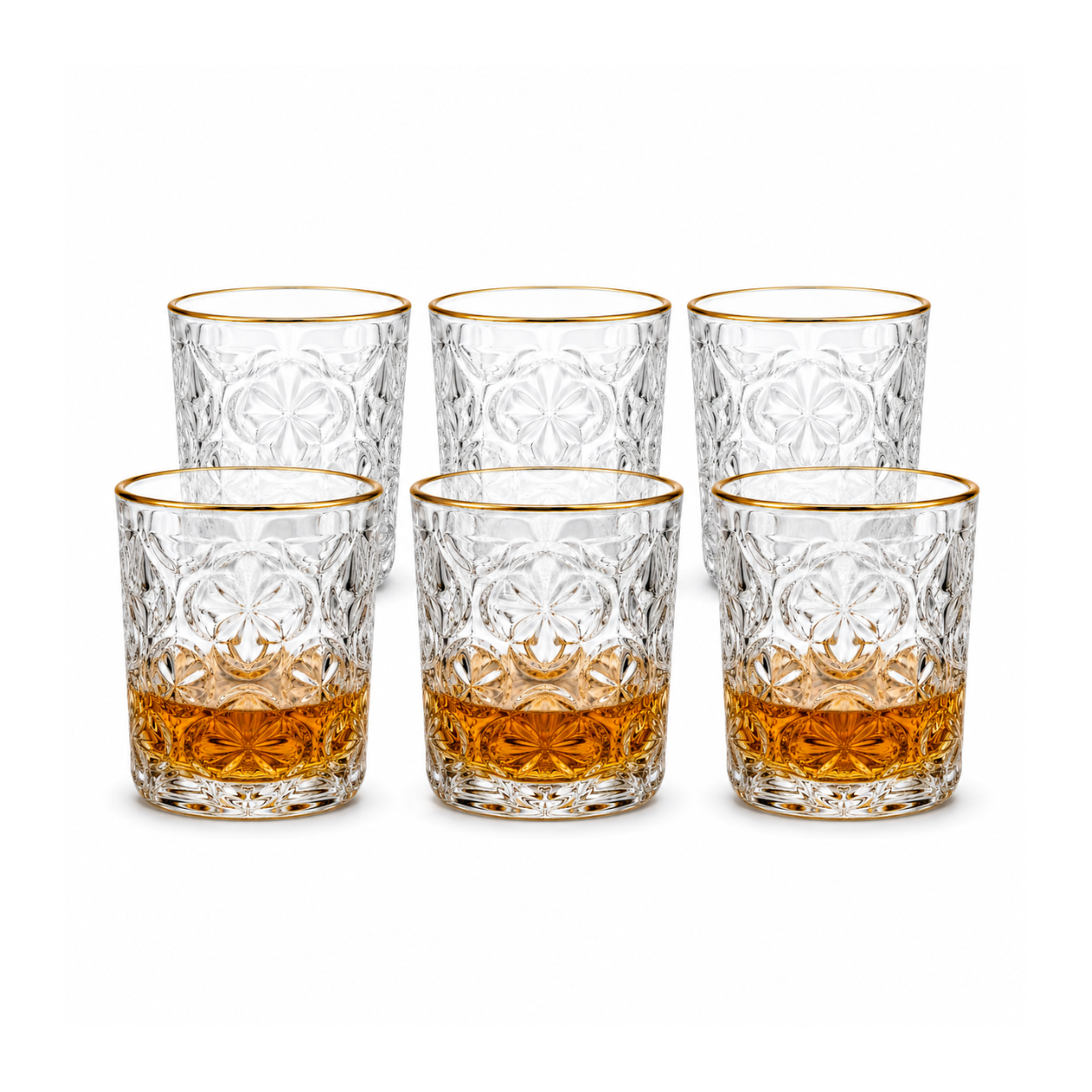 340ml Gold Rim Crystal Whiskey Glass Set of 6 – Premium Embossed Drinking Glasses