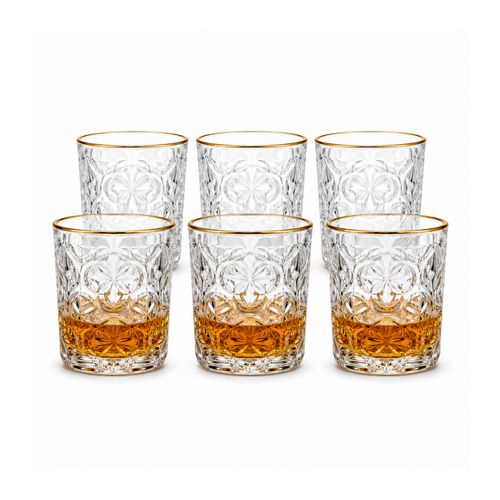 340ml Gold Rim Crystal Whiskey Glass Set of 6 – Premium Embossed Drinking Glasses