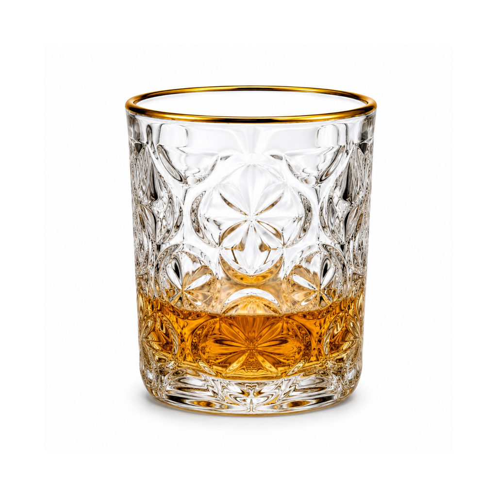 340ml Gold Rim Crystal Whiskey Glass Set of 6 – Premium Embossed Drinking Glasses
