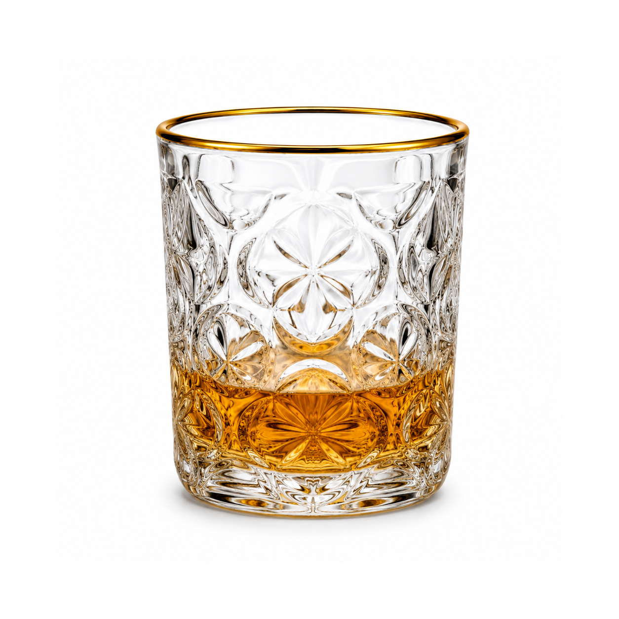 340ml Gold Rim Crystal Whiskey Glass Set of 6 – Premium Embossed Drinking Glasses