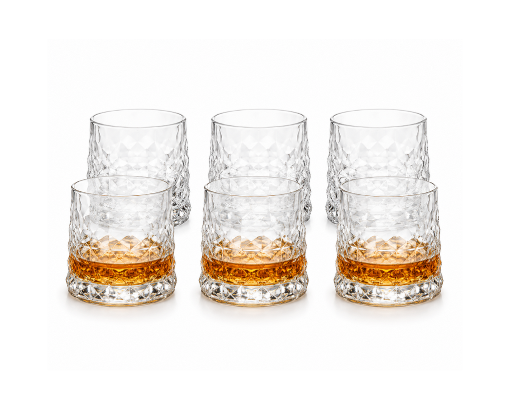 Premium Crystal Cut Whiskey Glass – 370 ml - Old Fashioned Tumbler Set of 6