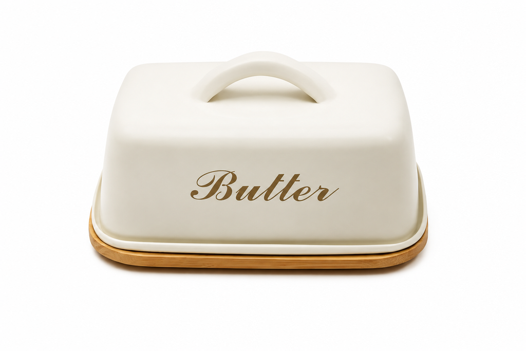 Metallic Airtight Butter Dish with Wooden Base – Premium Kitchen Butter Storage Container