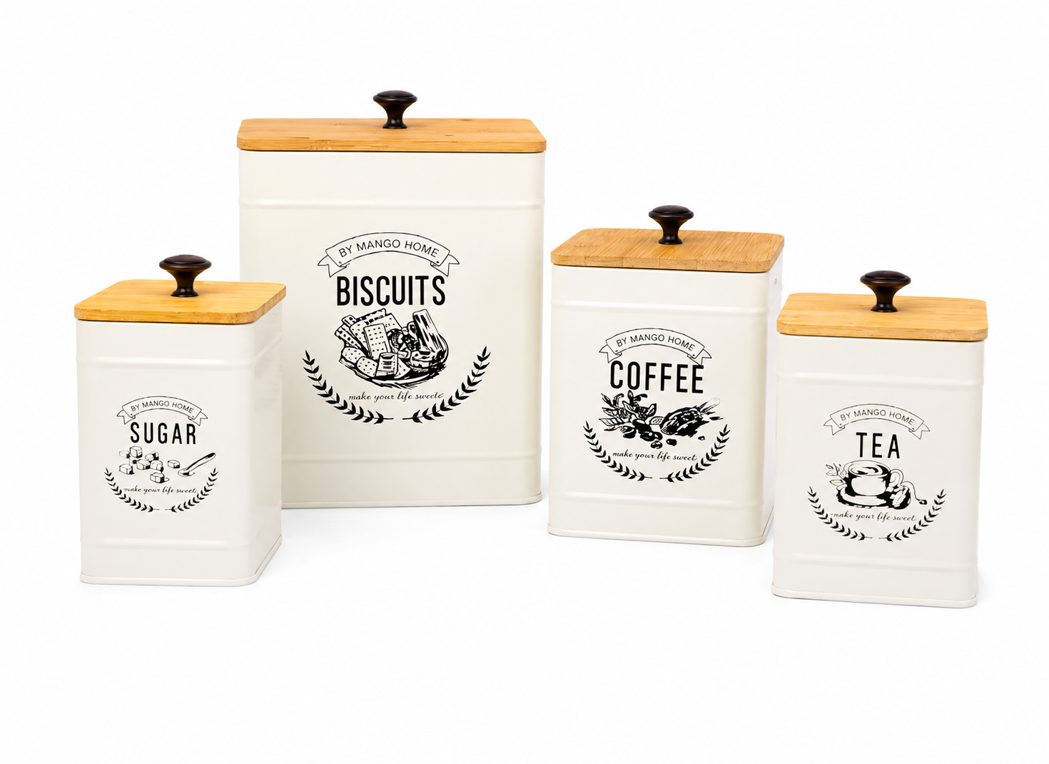 4-Piece Vintage Kitchen Storage Canister Set with Bamboo Lids – Tea, Coffee, Sugar & Biscuit Containers