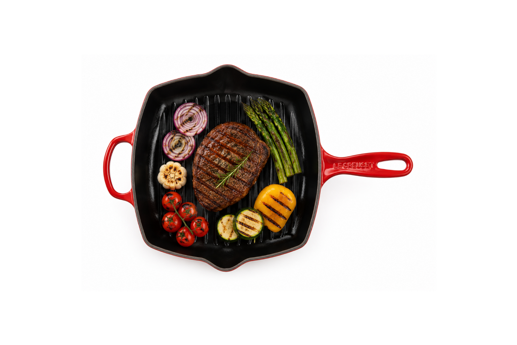 Le Creuset Signature Cast Iron Grill Pan with Ridged Surface – Premium Steak & BBQ Skillet - Cerise Red