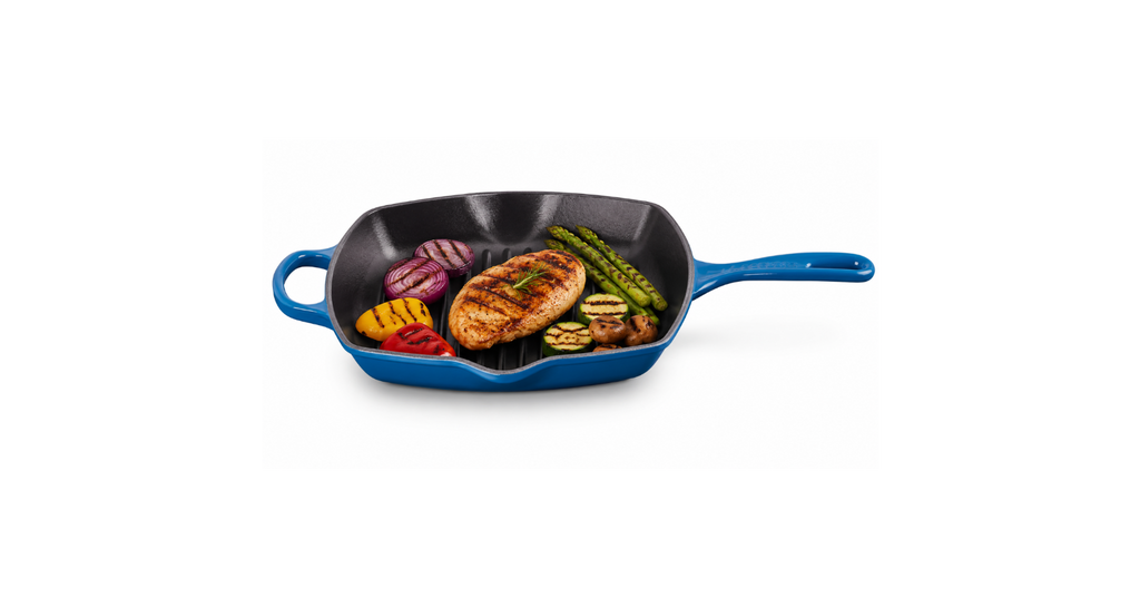 Le Creuset Signature Cast Iron Grill Pan with Ridged Surface – Premium Steak & BBQ Skillet - Caribbean Blue