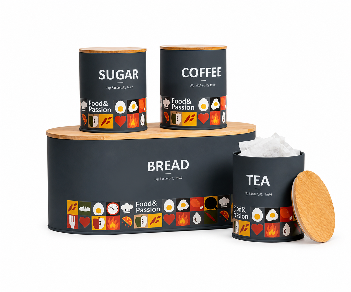 4-Piece Bread, Tea, Coffee & Sugar Storage Canister Set with Bamboo Lids – Modern Kitchen Organizer