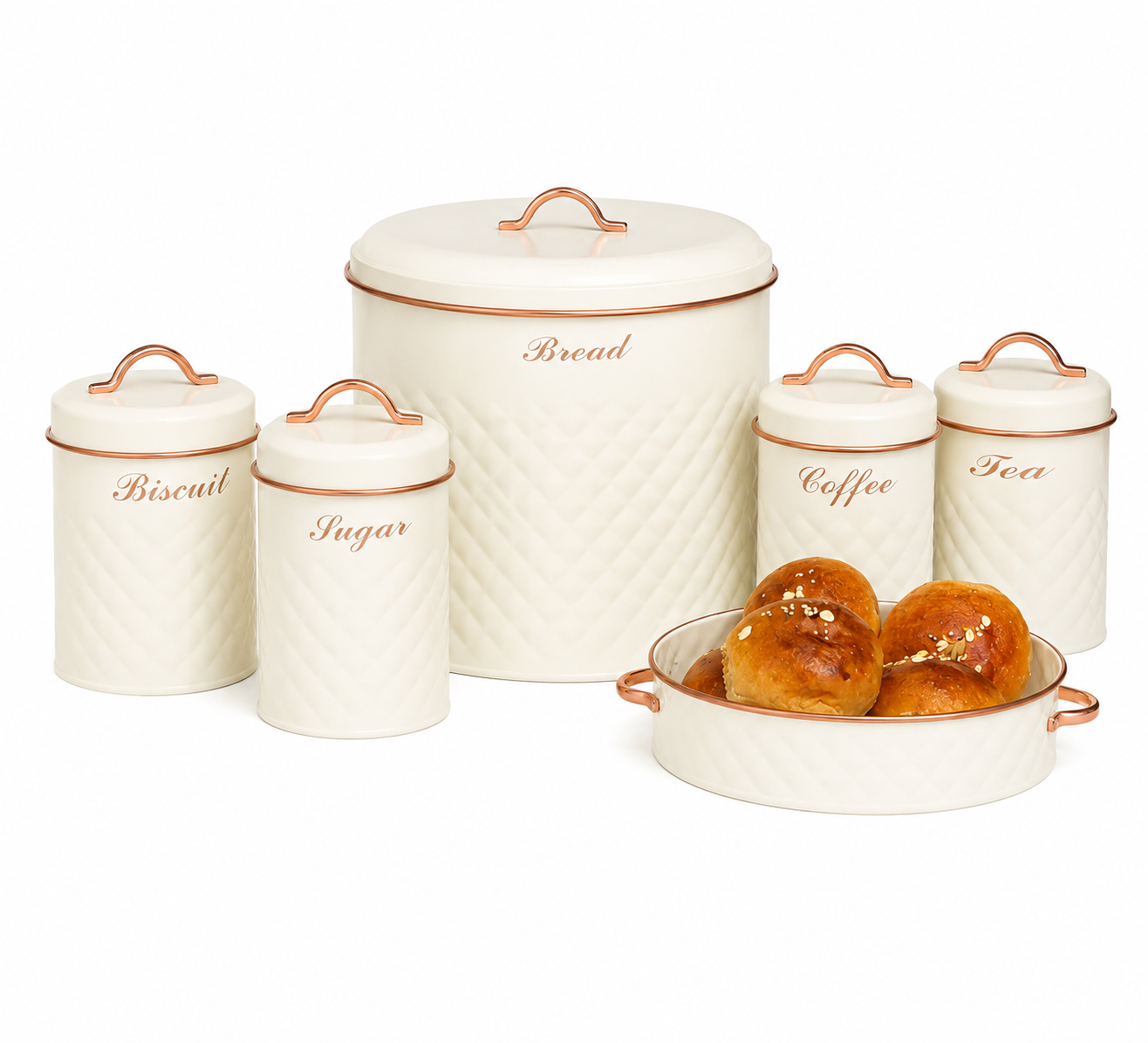 5-Piece Vintage Bread, Tea, Coffee, Biscuit & Sugar Storage Canister Set – White Kitchen Organizer
