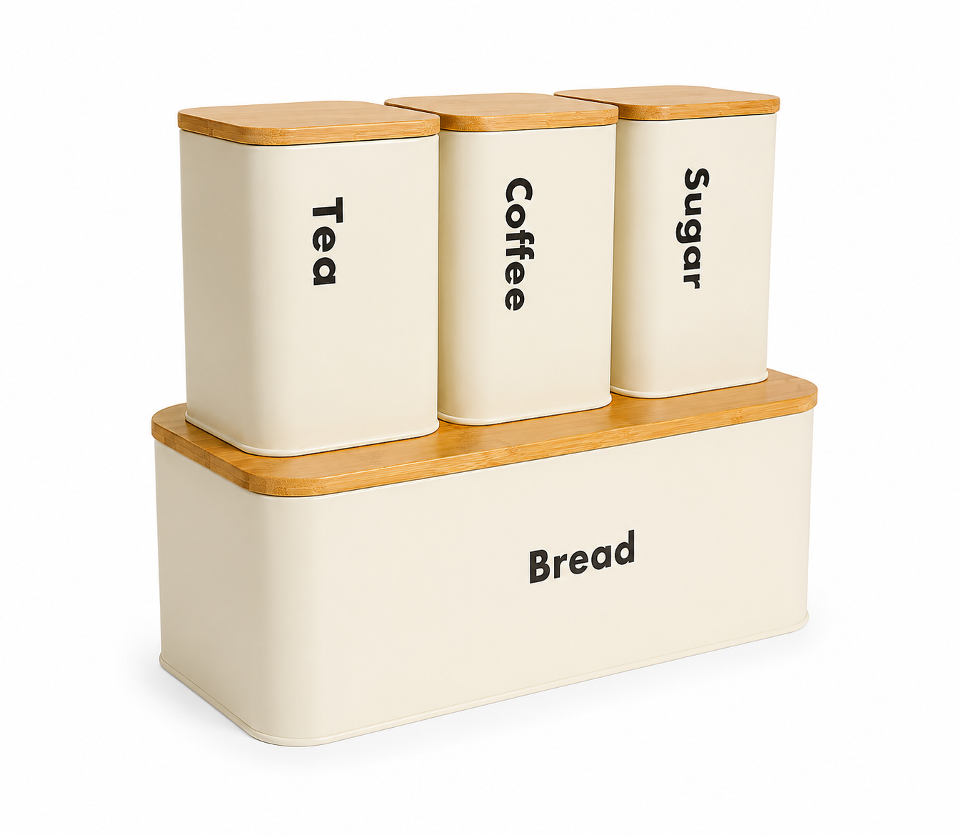 4-Piece Bread Box & Tea, Coffee, Sugar Canister Set with Bamboo Lids – Modern Kitchen Storage Organizer