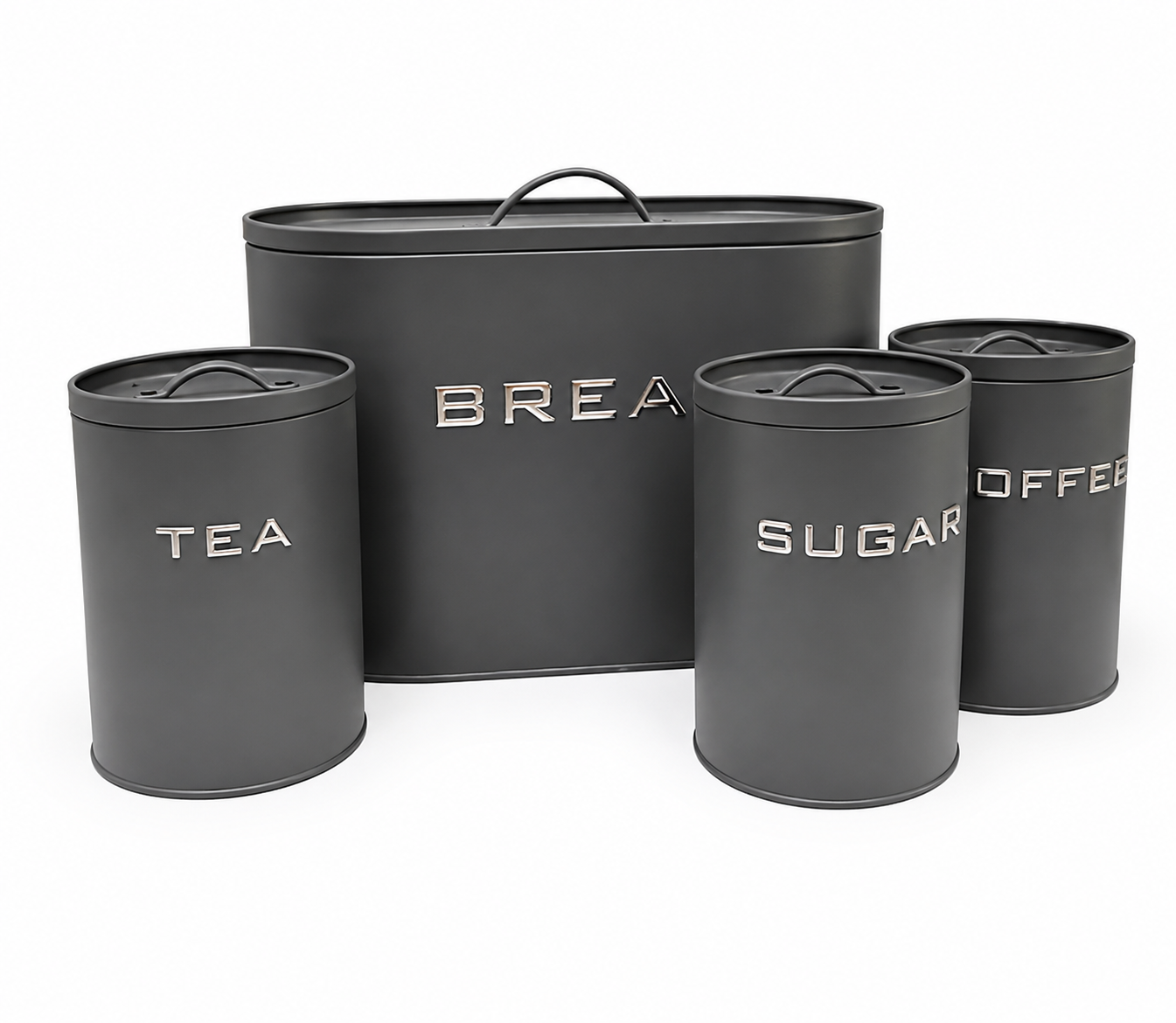 4-Piece Bread Box & Tea, Coffee, Sugar Canister Set – Modern Matte Grey Kitchen Storage Collection