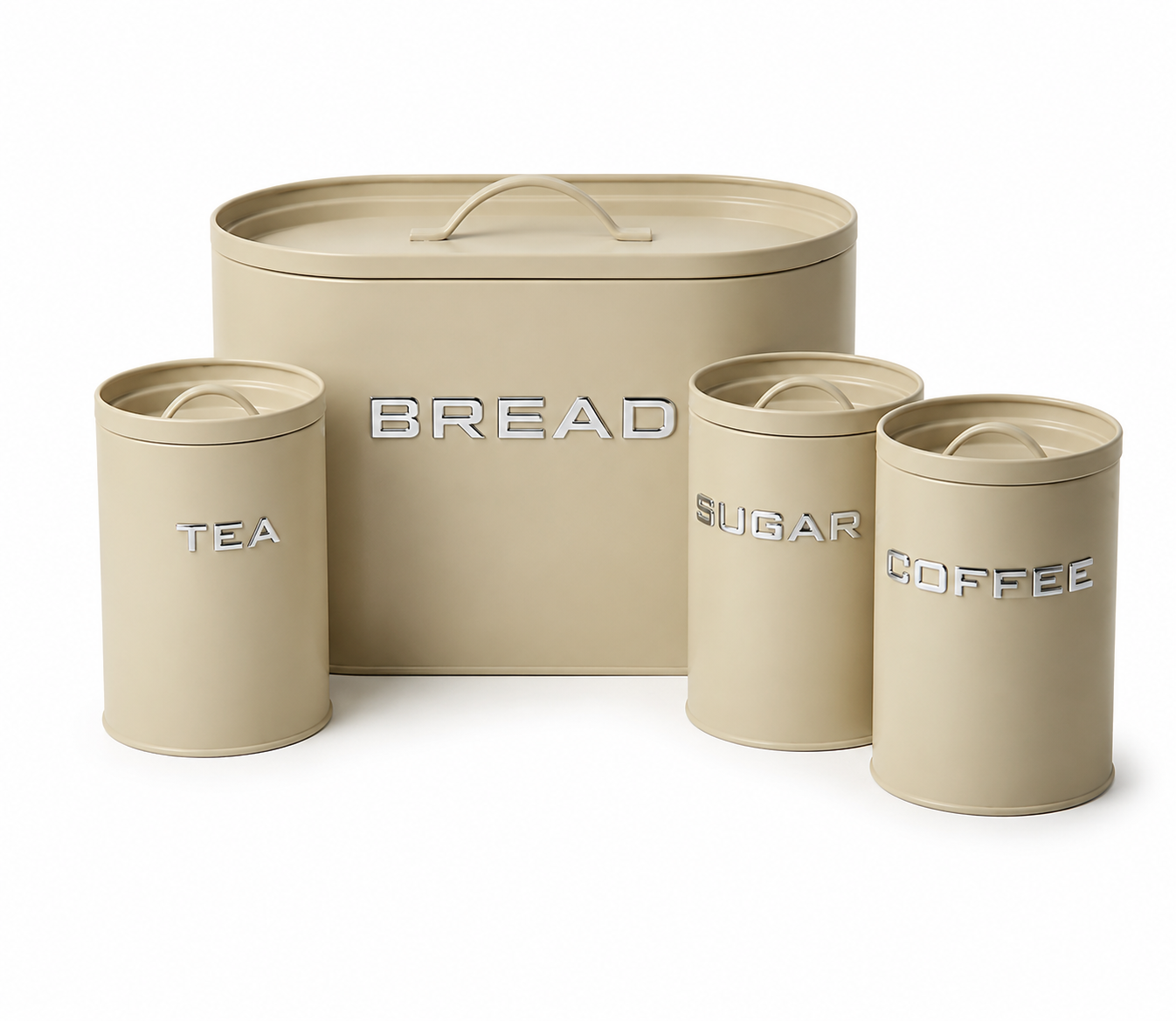 4-Piece Bread Box & Tea, Coffee, Sugar Canister Set – Modern Biege Kitchen Storage Collection