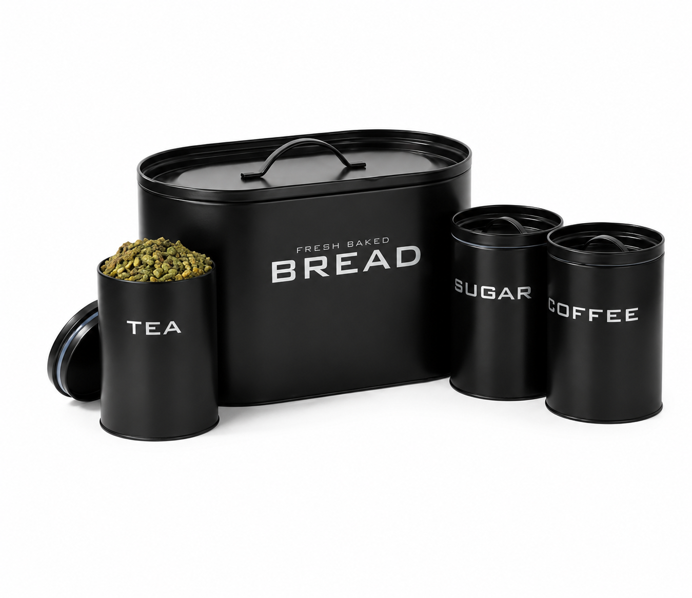 4-Piece Bread Box & Tea, Coffee, Sugar Canister Set – Modern Black Kitchen Storage Collection