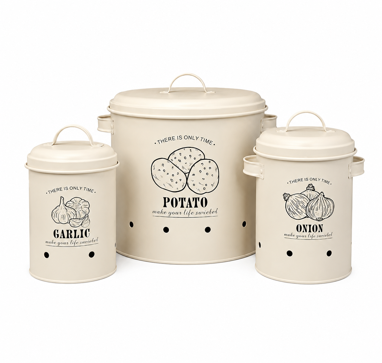 Vintage Farmhouse Potato, Onion & Garlic Storage Canister Set – 3 Piece Metal Kitchen Organizer