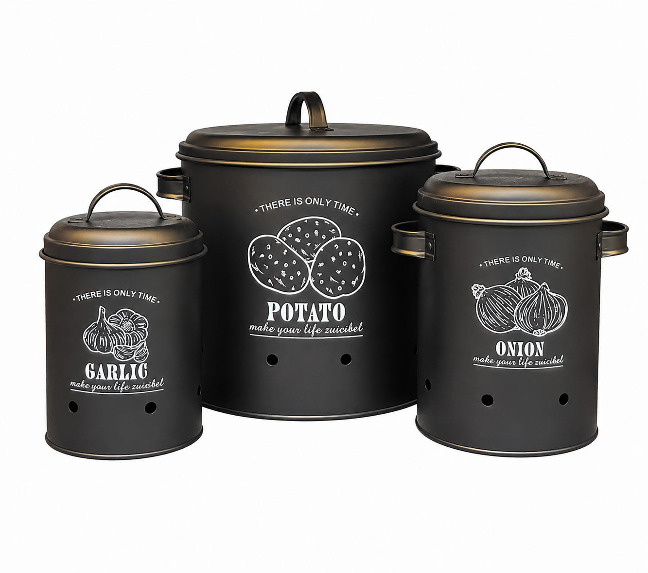 3-Piece Potato, Onion & Garlic Storage Canister Set – Vintage Metal Kitchen Vegetable Storage Bins