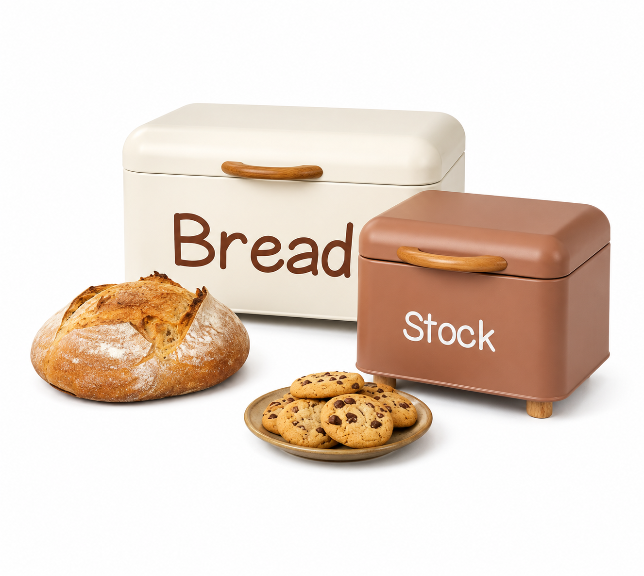 Vintage Bread Box & Stock Box Set with Wooden Handles – Farmhouse Kitchen Storage Collection
