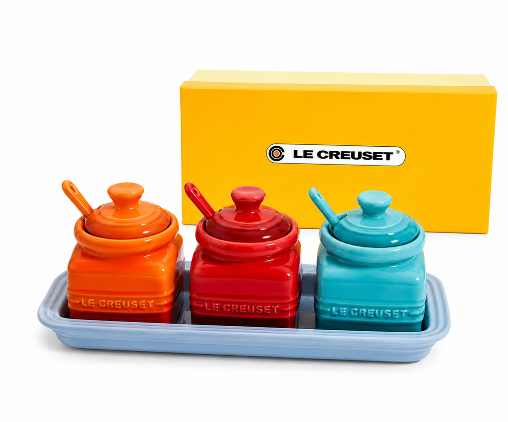 Le Creuset Stoneware Condiment Jar Set with Tray &Spoons – 3 Piece Multi-Color Collection