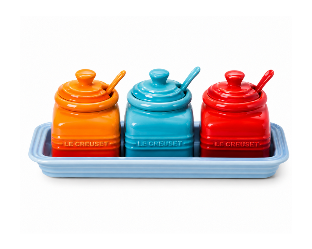 Le Creuset Stoneware Condiment Jar Set with Tray &Spoons – 3 Piece Multi-Color Collection
