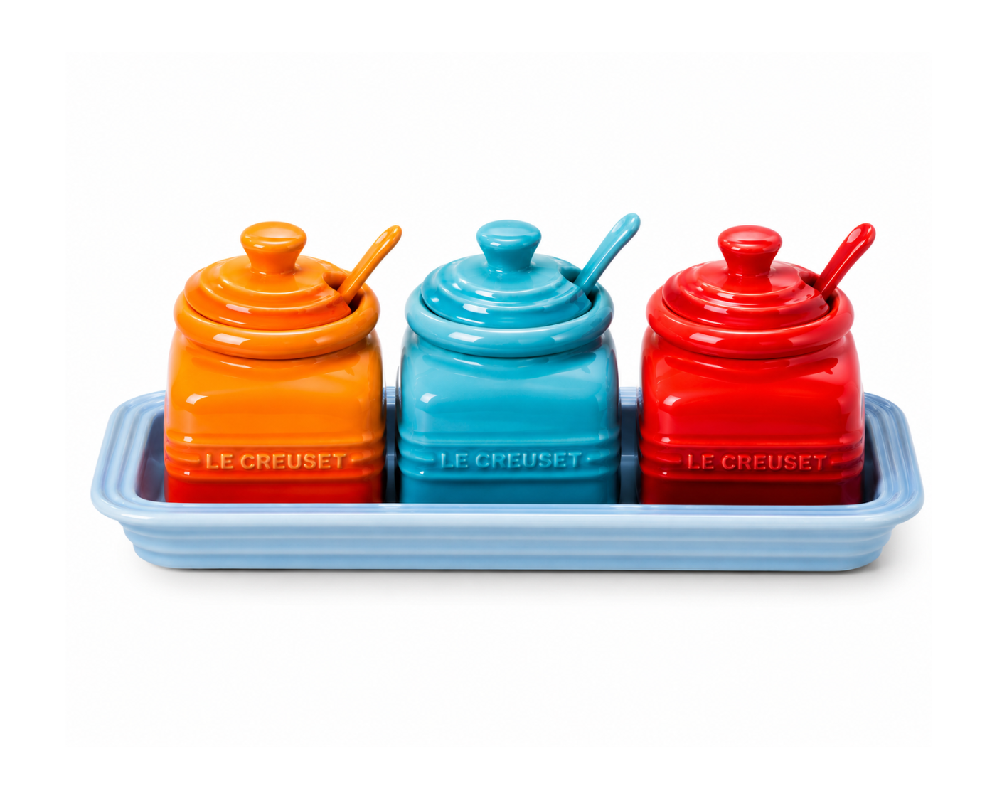 Le Creuset Stoneware Condiment Jar Set with Tray &Spoons – 3 Piece Multi-Color Collection