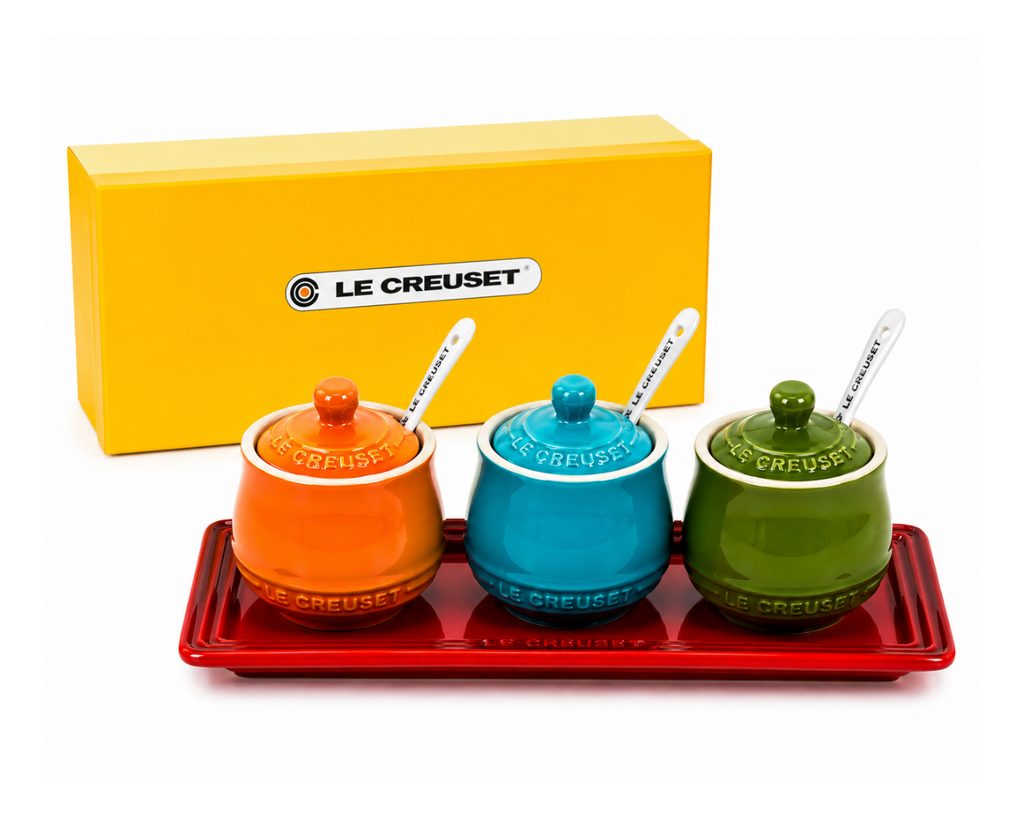 Le Creuset Stoneware Condiment Pot Set with Tray &Ceramic Spoons – 3 Piece Multi-Color Collection