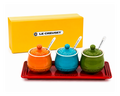 Le Creuset Stoneware Condiment Pot Set with Tray &Ceramic Spoons – 3 Piece Multi-Color Collection