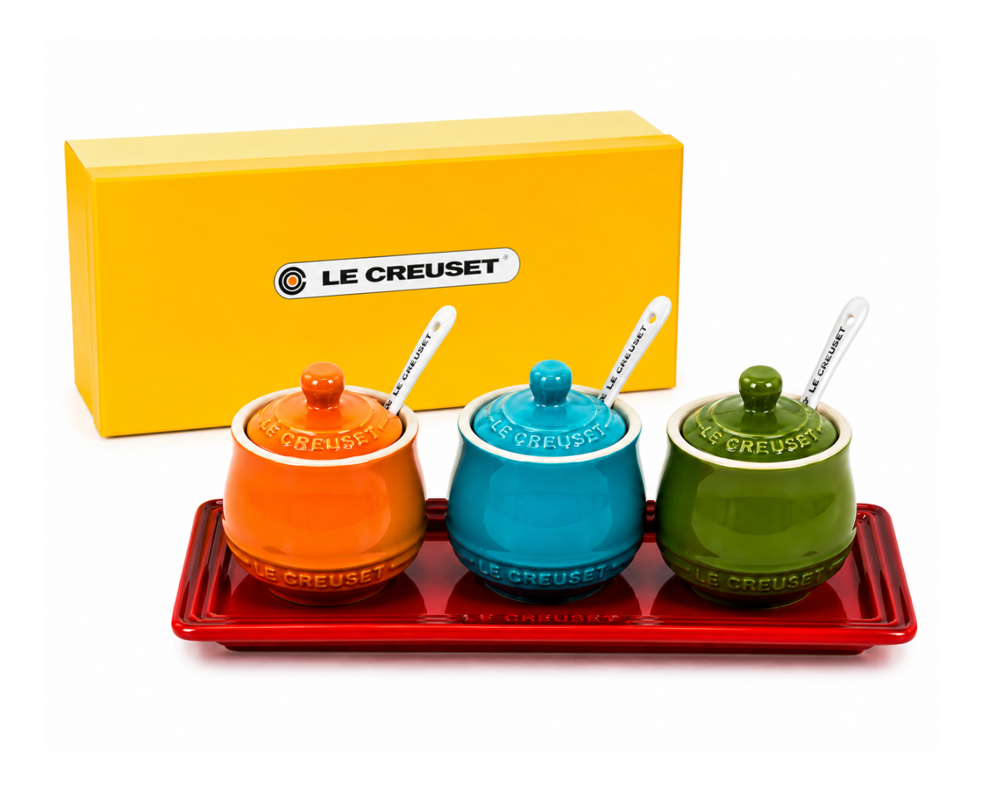 Le Creuset Stoneware Condiment Pot Set with Tray &Ceramic Spoons – 3 Piece Multi-Color Collection