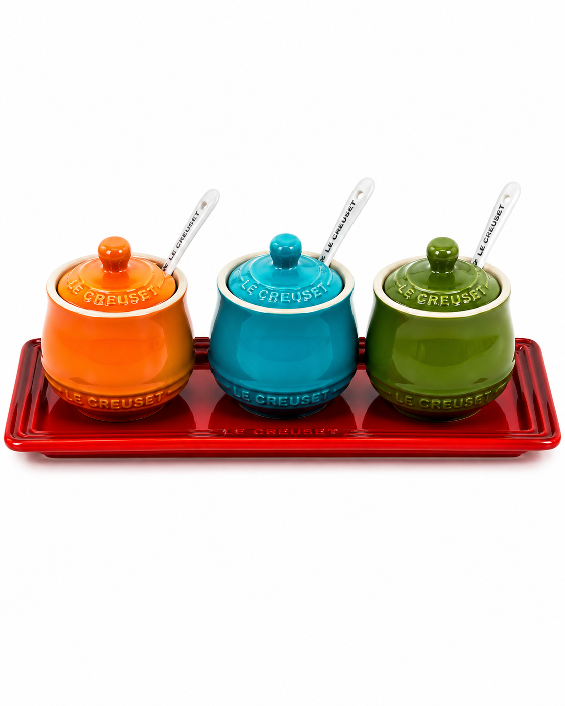 Le Creuset Stoneware Condiment Pot Set with Tray &Ceramic Spoons – 3 Piece Multi-Color Collection