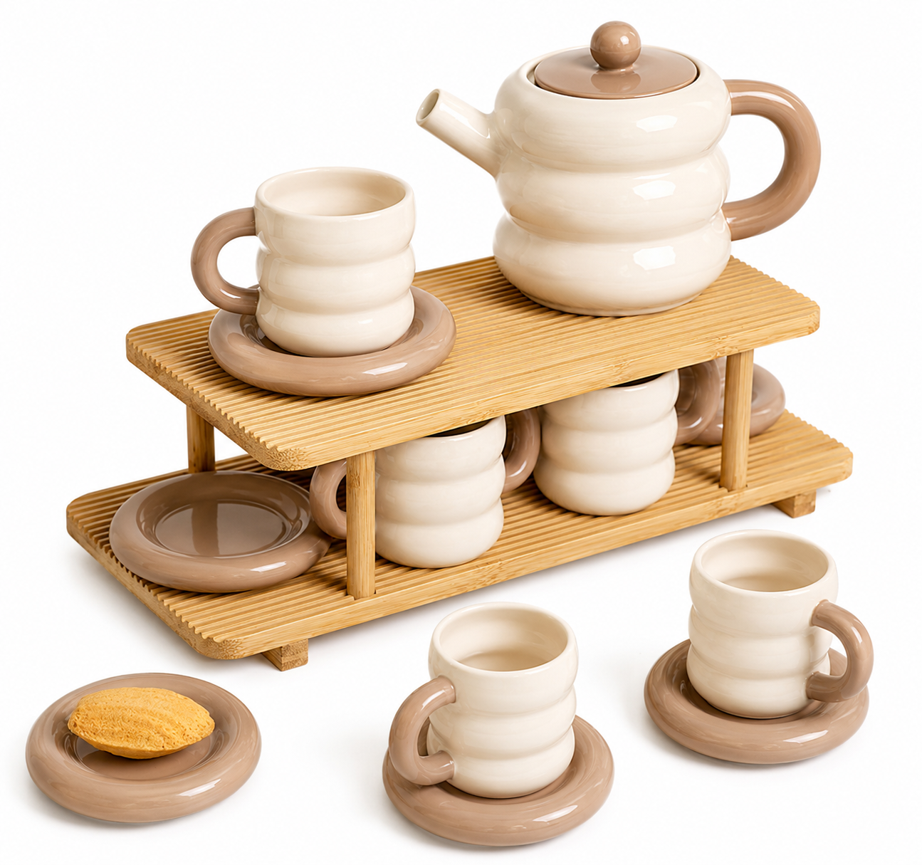 DONUT SERIES 13-Piece Ceramic Tea Set with Bamboo Display Rack – 1200ml Teapot & 200ml Cups | Gift Box Edition