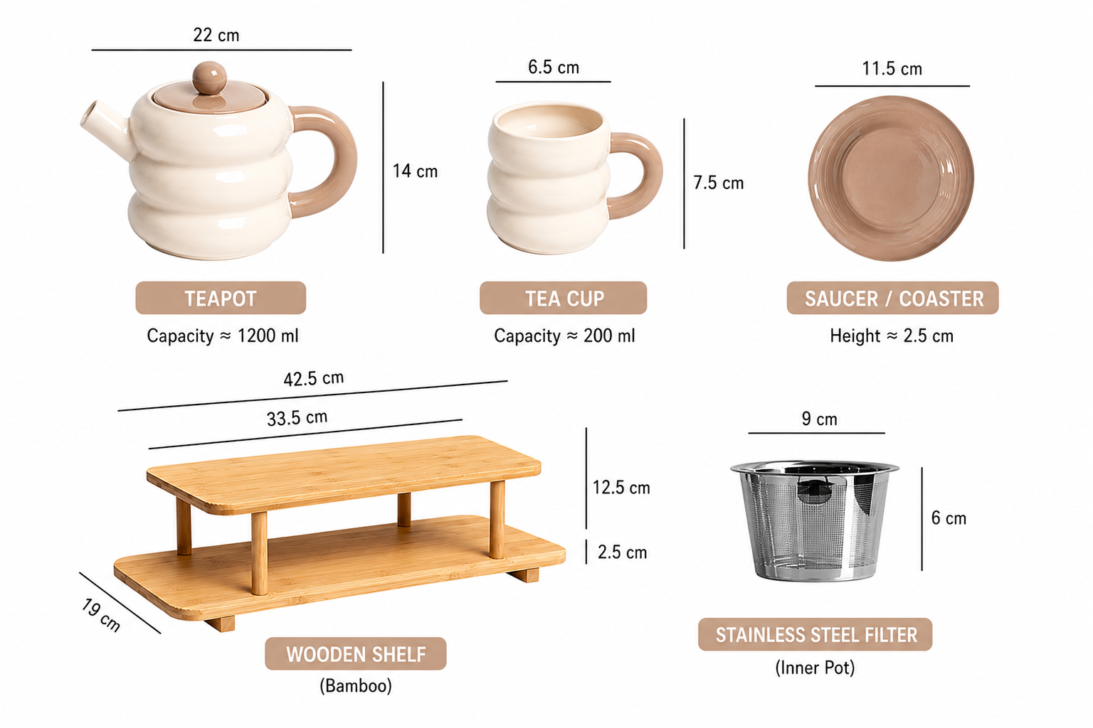 DONUT SERIES 13-Piece Ceramic Tea Set with Bamboo Display Rack – 1200ml Teapot & 200ml Cups | Gift Box Edition