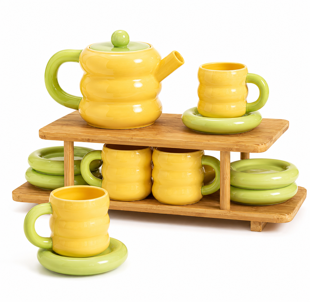 DONUT SERIES 13-Piece Ceramic Tea Set with Bamboo Display Rack – 1200ml Teapot & 200ml Cups | Gift Box Edition