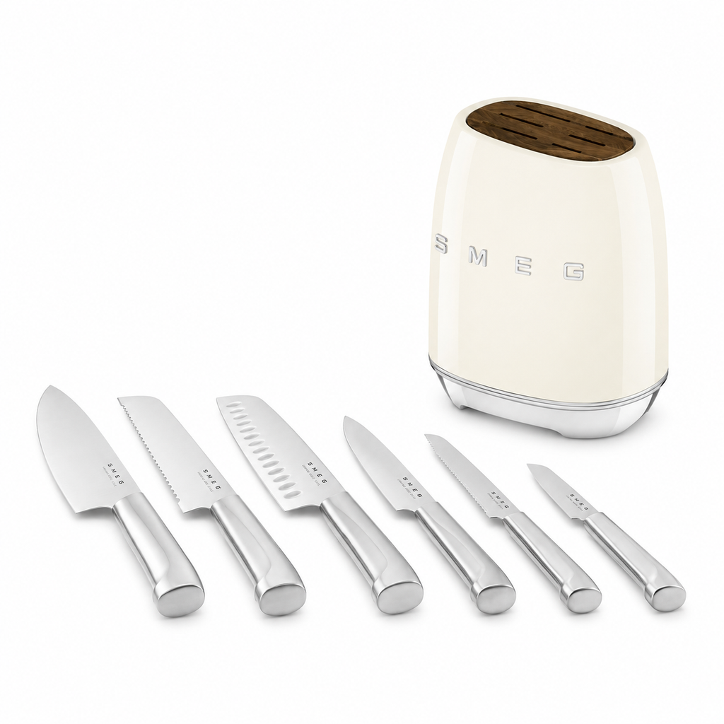 SMEG 6-Piece Premium Knife Block Set – Cream | German Steel Kitchen Knives with Acacia Wood Storage Block