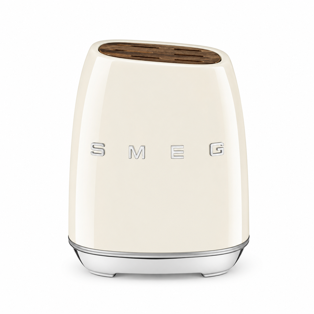 SMEG 6-Piece Premium Knife Block Set – Cream | German Steel Kitchen Knives with Acacia Wood Storage Block