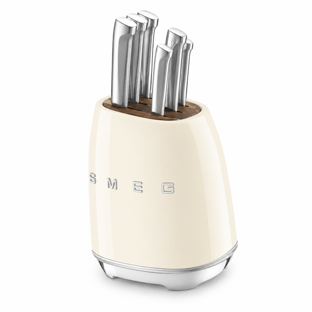 SMEG 6-Piece Premium Knife Block Set – Cream | German Steel Kitchen Knives with Acacia Wood Storage Block