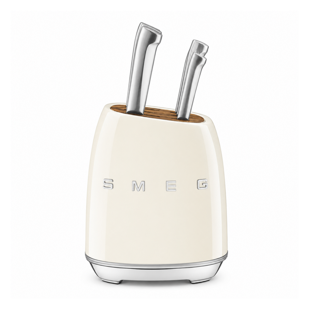 SMEG 6-Piece Premium Knife Block Set – Cream | German Steel Kitchen Knives with Acacia Wood Storage Block