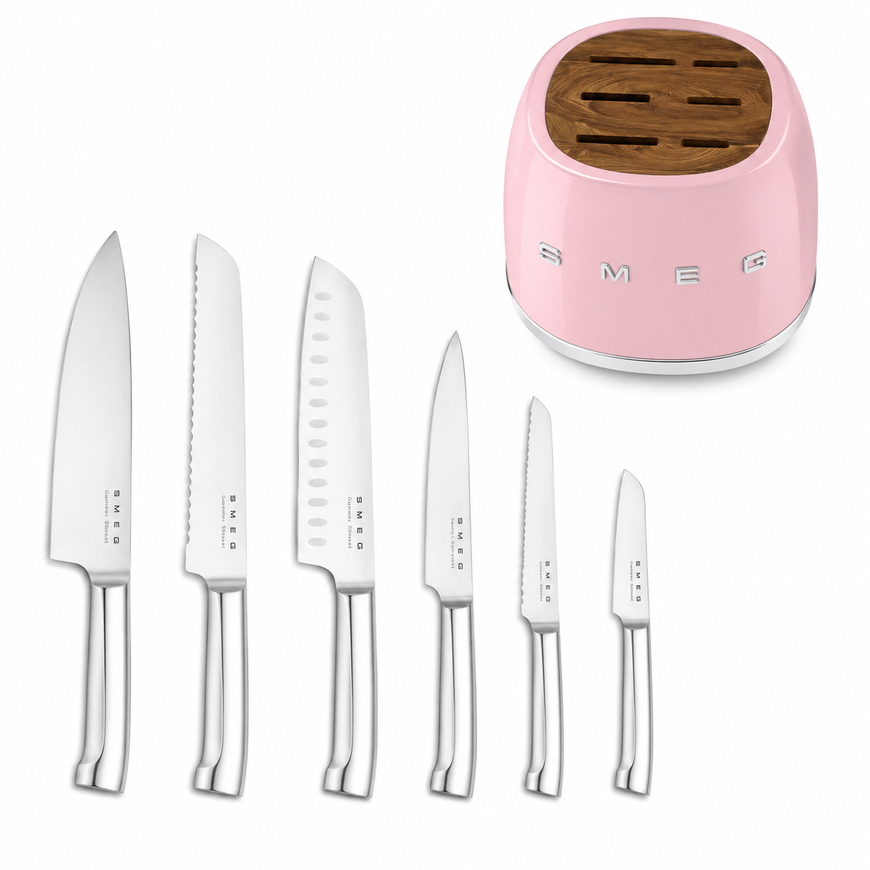 SMEG 6-Piece Premium Knife Block Set – Pink | German Steel Kitchen Knives with Acacia Wood Storage Block