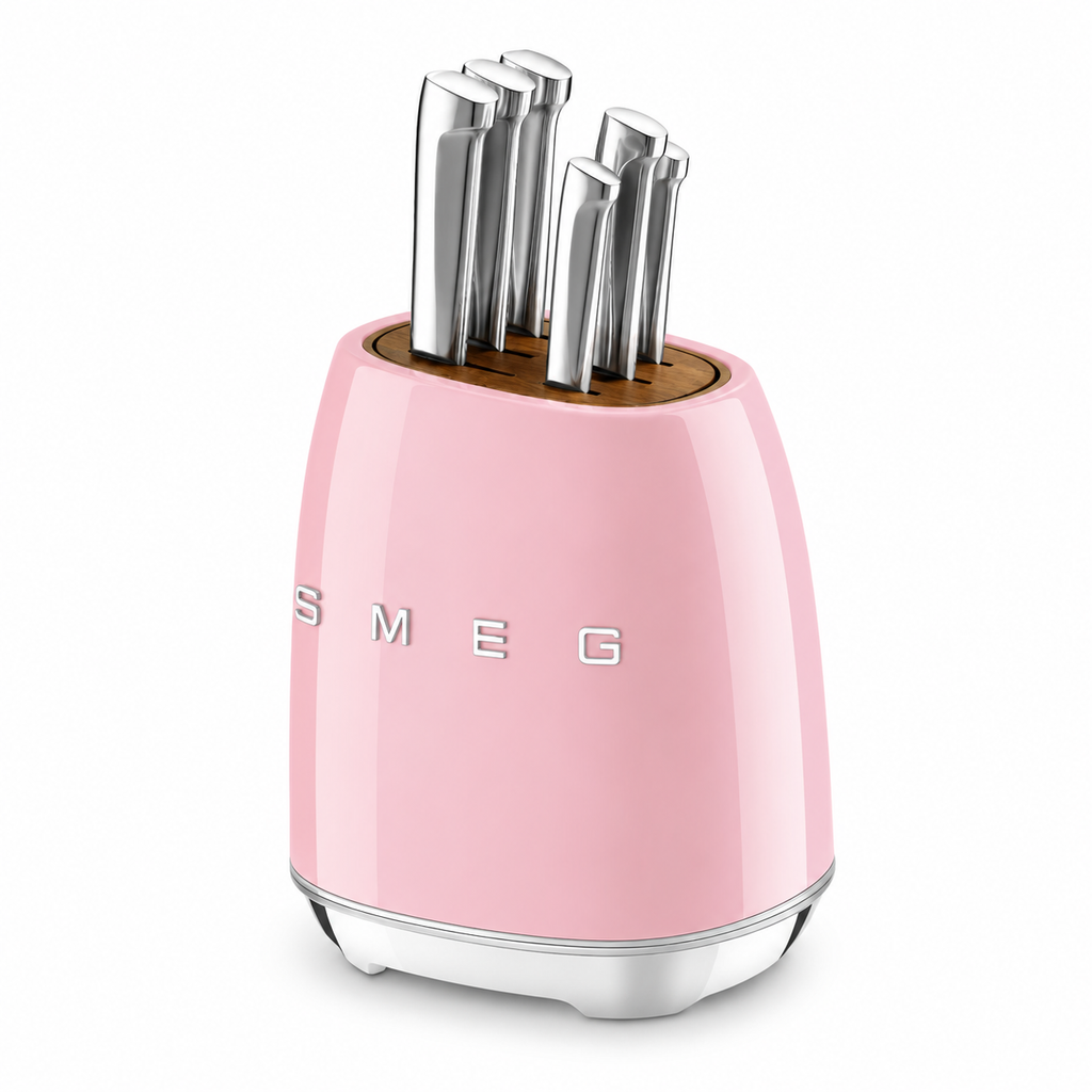 SMEG 6-Piece Premium Knife Block Set – Pink | German Steel Kitchen Knives with Acacia Wood Storage Block