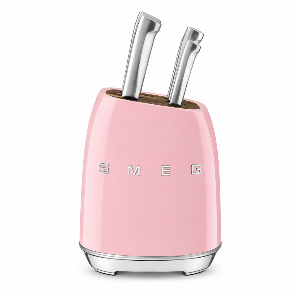 SMEG 6-Piece Premium Knife Block Set – Pink | German Steel Kitchen Knives with Acacia Wood Storage Block