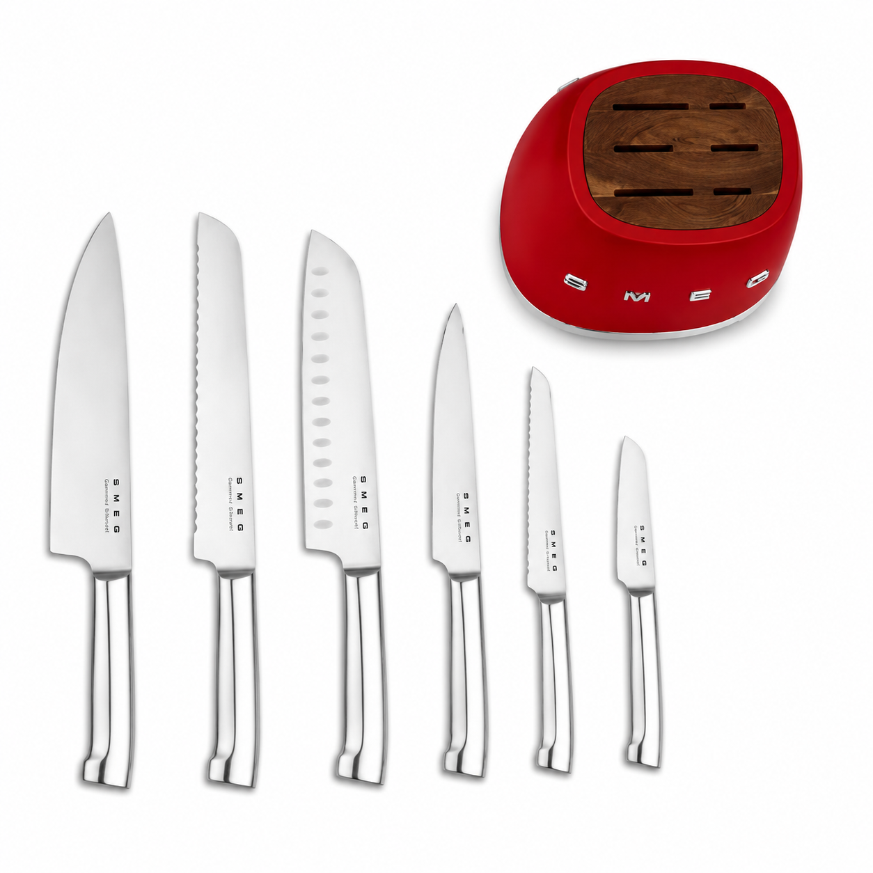 SMEG 6-Piece Premium Knife Block Set – Red | German Steel Kitchen Knives with Acacia Wood Storage Block