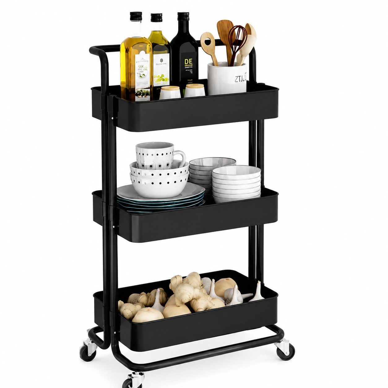 Multi-Purpose 3-Tier Metal Storage Trolley Cart with Wheels – Black Kitchen Organizer &amp; Utility Rack