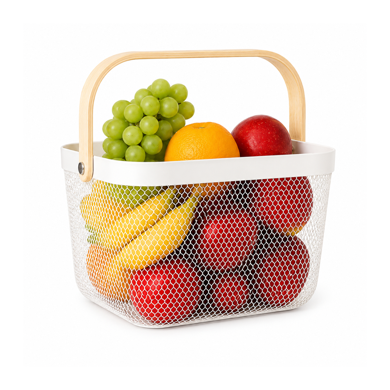 Vegetable & Fruit Mesh Storage Basket with Wooden Handle – Metal Organizer Basket (25 x 25 x 18 cm)