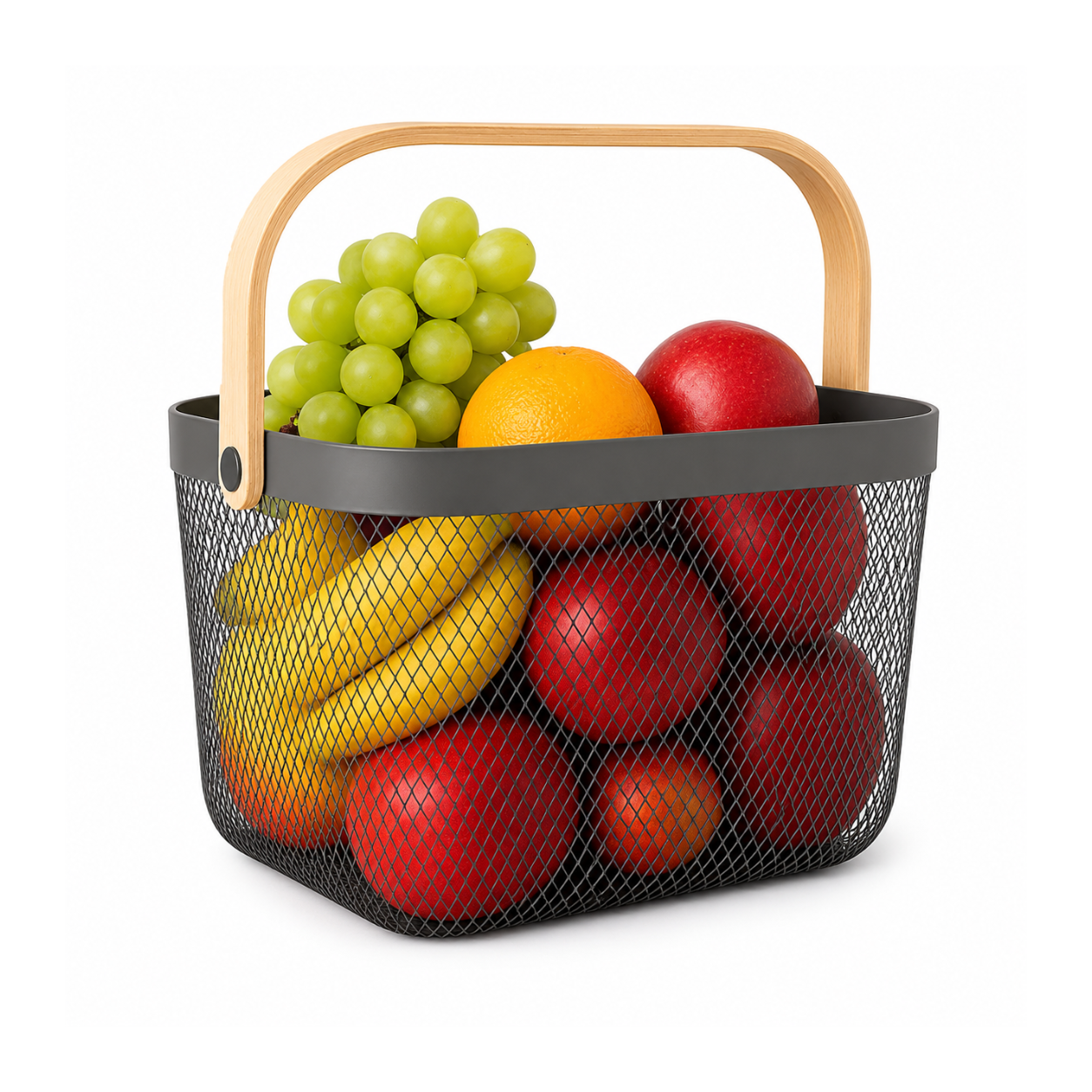 Vegetable & Fruit Mesh Storage Basket with Wooden Handle – Metal Organizer Basket (25 x 25 x 18 cm)