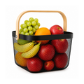 Vegetable & Fruit Mesh Storage Basket with Wooden Handle – Metal Organizer Basket (25 x 25 x 18 cm)
