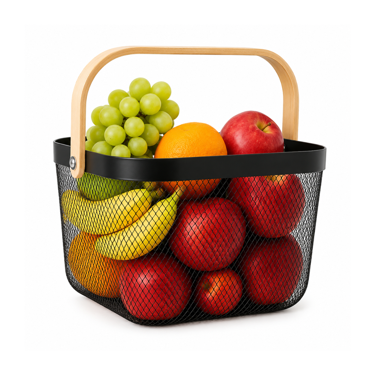 Vegetable & Fruit Mesh Storage Basket with Wooden Handle – Metal Organizer Basket (25 x 25 x 18 cm)