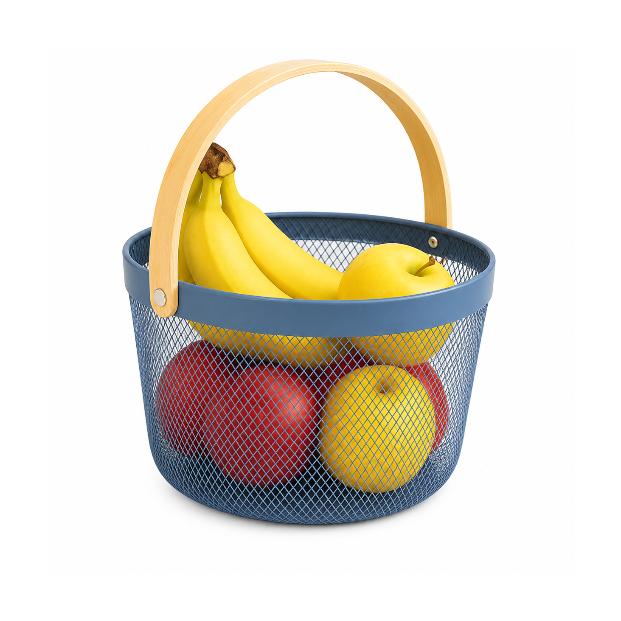 Vegetable & Fruit Mesh Storage Basket with Wooden Handle – Metal Organizer Basket 1 gallon capacity