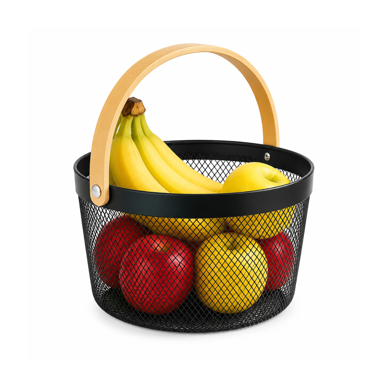 Vegetable & Fruit Mesh Storage Basket with Wooden Handle – Metal Organizer Basket 1 gallon capacity