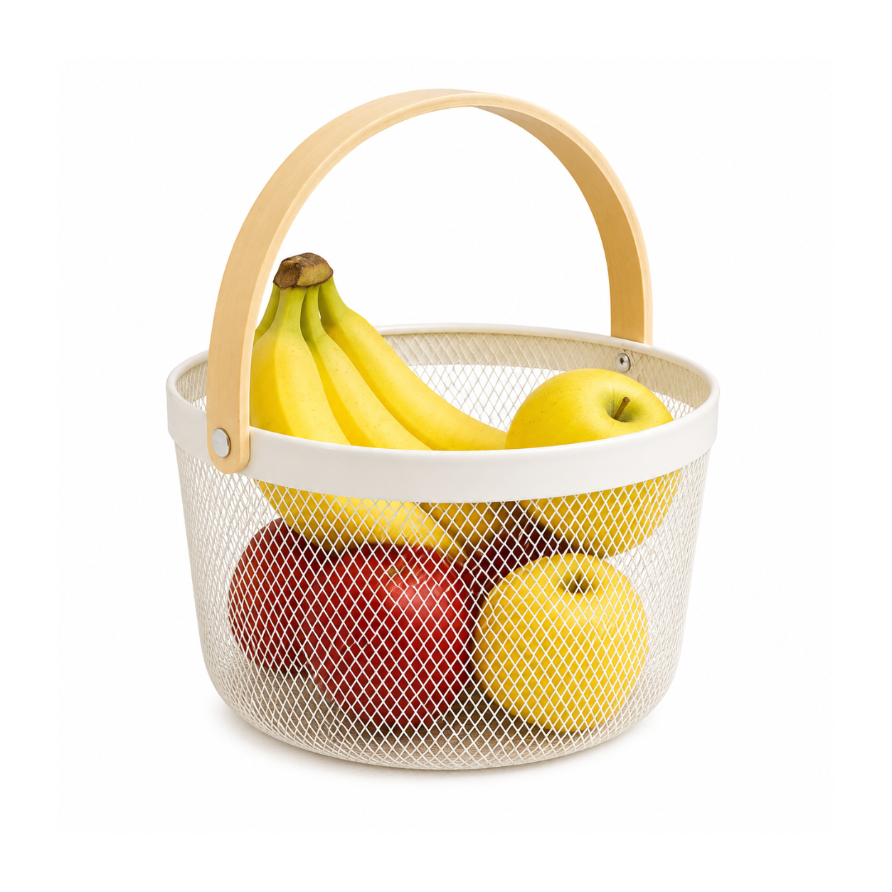 Vegetable & Fruit Mesh Storage Basket with Wooden Handle – Metal Organizer Basket 1 gallon capacity