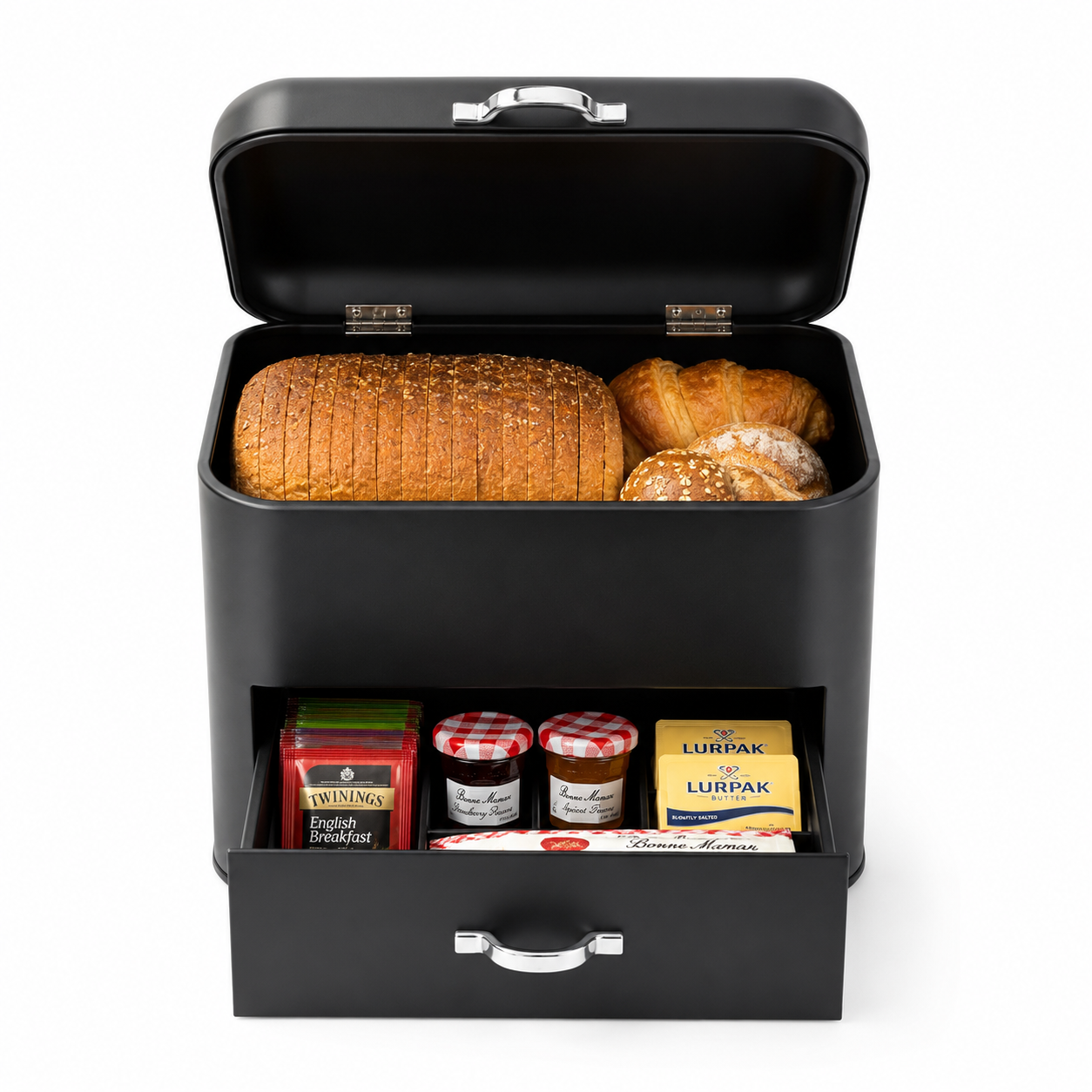 Premium Bread Box with Storage Drawer – Large Capacity Kitchen Bread Bin Organizer (Black)